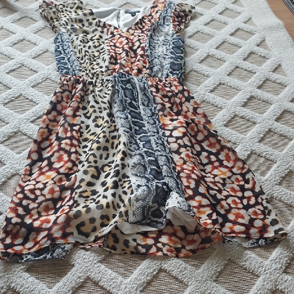 Express Animal Print Mixed Pattern Dress in Beige, Black, Rust